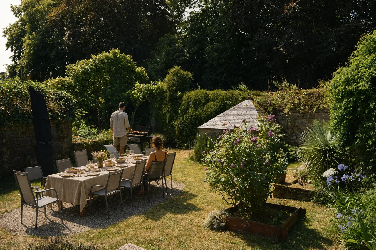 Table dressée pour un déjeuner privé en terrasse, avec barbecue dans le jardin du Domaine de Roz Maria